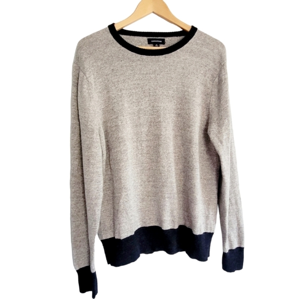 J. Crew Jeans Knit Crew Neck Sweater Gray with Navy Trim Size Medium Wool Blend